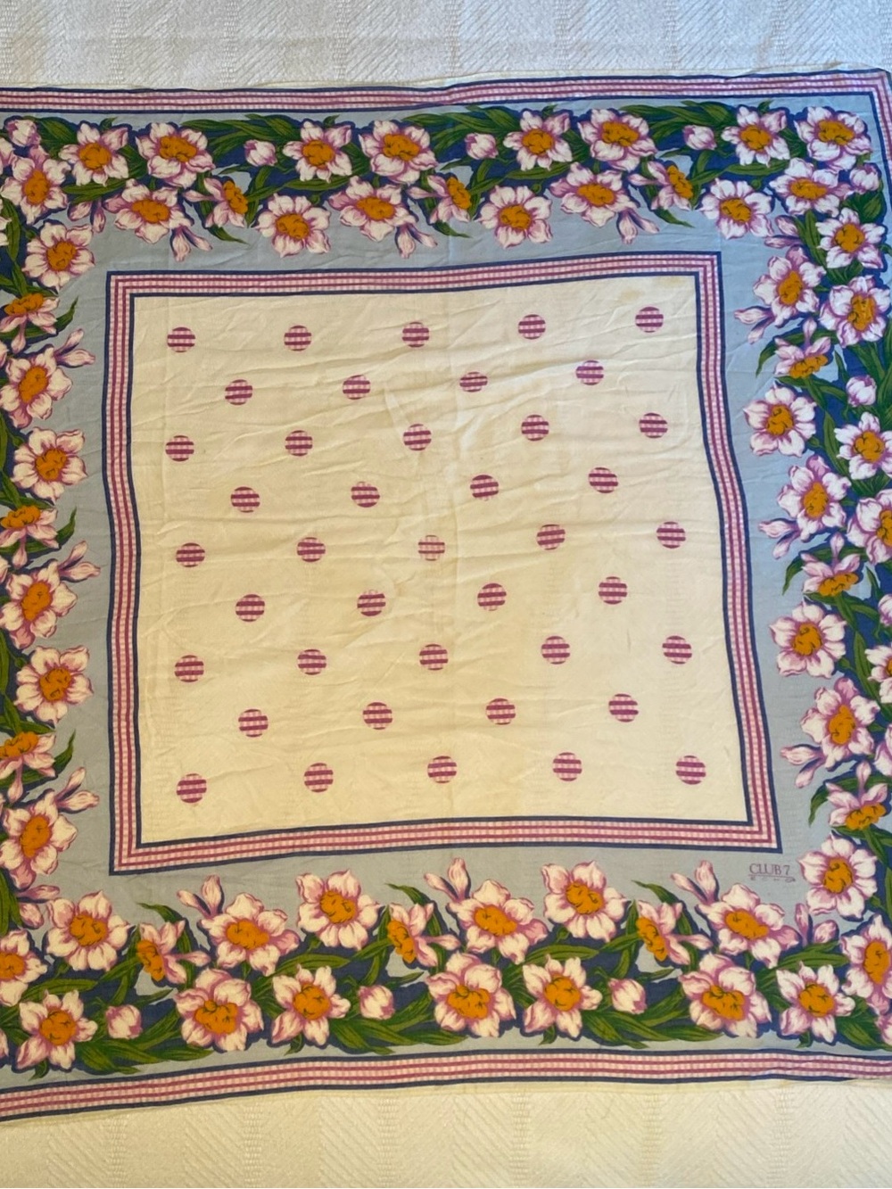 Vintage Club 7 Echo Silk Floral Scarf White Purple Blue Green Grannycore